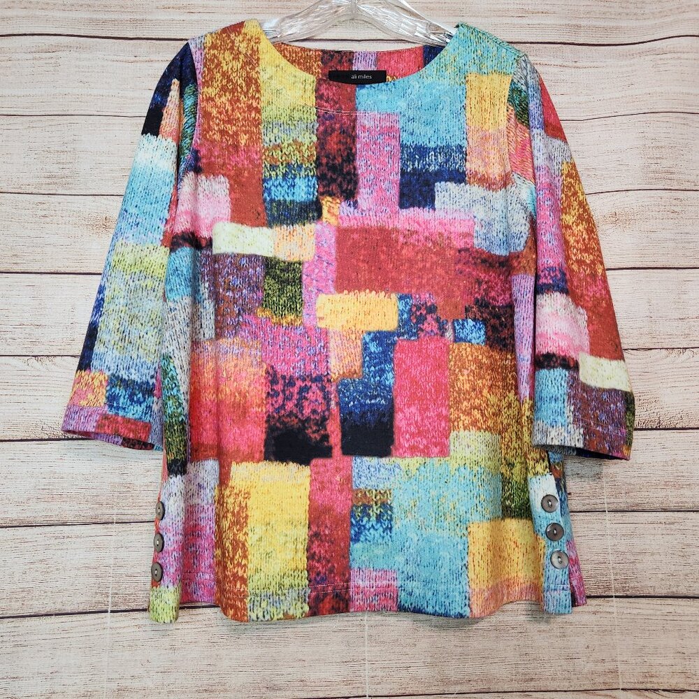 Ali Miles Abstract Print Block Pink Blue Women’s Blouse 3/4 Sleeve Size PM